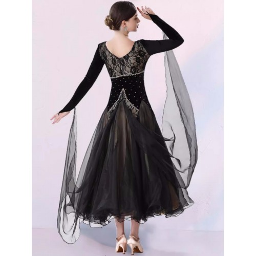 Black red velvet with lace competition ballroom dance dress for women girls waltz tango foxtrot smooth dance long gown with float sleeves for female
